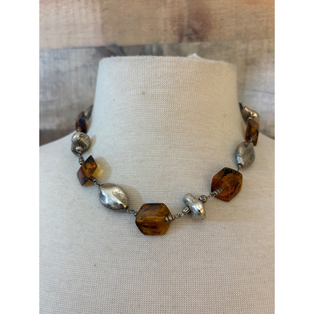 Amber Resin & Silver Tone Chunky Hexagon Bead Statement Necklace